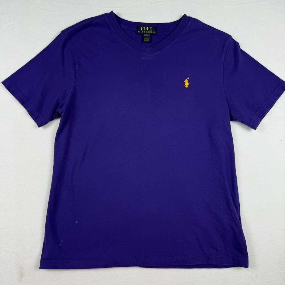 Polo Ralph Lauren V-Neck Shirt Kids M 10-12 Purple Short Sleeve Preppy Pony Logo